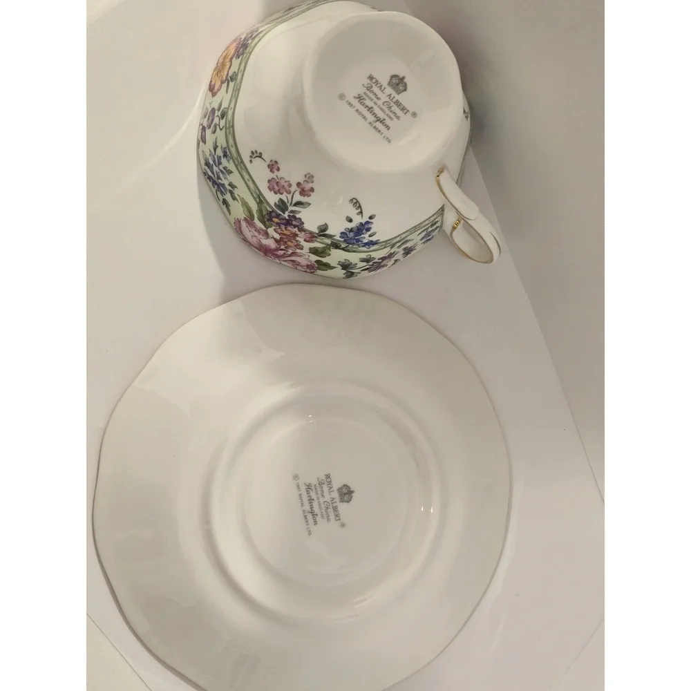 Royal Albert Hampton Bone China Cup & Saucer Set Floral Green Gold Trim